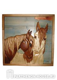 Картина из дерева «Пара лошадей» (интарсия – мозаика по дереву)